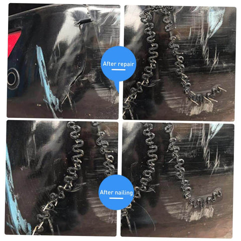 Images showing damaged car bumper before and after repair using DIY Friendly Car Bumper Repair Kit With Compact Hot Plastic Welder