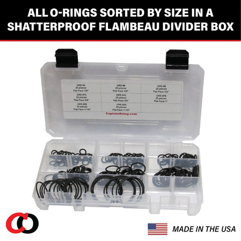 O Ring Seal Kit For Hydraulic ORS ORFS Flat Face Fittings With Buna 90 Durometer O Rings Includes Eight Sizes From Quarter Inch To One And A Half Inch For Flat Face Seals BN90 180 Piece Set in organizer box.