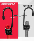Comparison of 4mm black hook on red bungee cord vs 3mm hook on gray cord for Premium Heavy Duty 24 Piece Bungee Cord Set With Hooks In Storage Jar Includes 10 18 24 30 36 And 48 Inch Cords For Camping Tarping Hauling And Securing Outdoor Gear.
