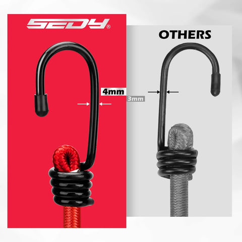 Comparison of 4mm black hook on red bungee cord vs 3mm hook on gray cord for Premium Heavy Duty 24 Piece Bungee Cord Set With Hooks In Storage Jar Includes 10 18 24 30 36 And 48 Inch Cords For Camping Tarping Hauling And Securing Outdoor Gear.