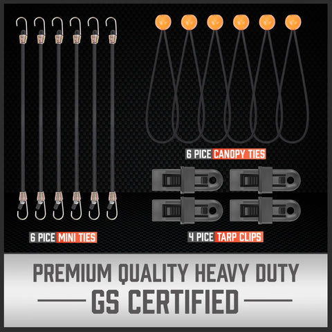 31-Piece Premium Bungee Cord Assortment Kit With 10, 18, 24, 32, and 40 Inch Elastic Cords, 6 Inch Zip Ties, Canopy Ties, Tarp Clips