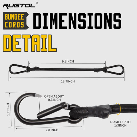 Heavy Duty 12 Inch Bungee Cords With Carabiner Hooks One Third Inch Thick Elastic Rope Built With High Elastic Rubber Core Dimensions