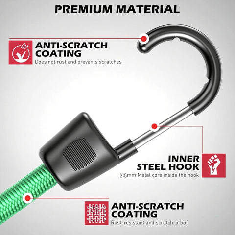 Close-up of 60 Piece Bungee Cords with Hooks Assorted Sizes showing anti-scratch coating and inner steel hook, labeled premium material.