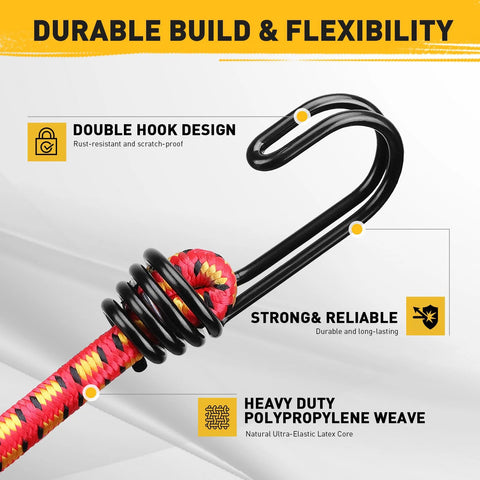 Close-up of 18 Inch Elastic Bungee Cord with metal hook, highlighting double hook design and heavy-duty polypropylene weave.