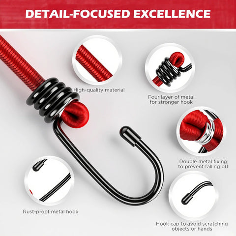 Detail view of Premium Heavy Duty 24 Piece Bungee Cord Set With Hooks, highlighting red cord material, metal hook, and securing features.