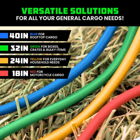 Heavy Duty Bungee Cord Set With Hooks And Clips 28 Piece Outdoor Tie Down Kit with colored cords on hay background