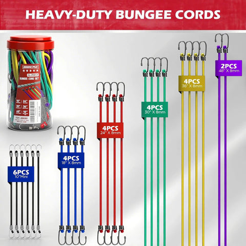 Premium Heavy Duty 24 Piece Bungee Cord Set With Hooks In Storage Jar Includes 10 18 24 30 36 And 48 Inch Cords For Camping Tarping Hauling