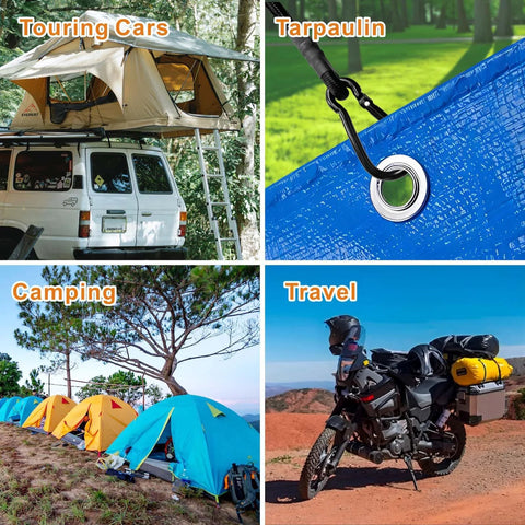 Odor Free Heavy Duty Bungee Cords With Carabiner Hooks securing tarps on bikes, tents, and luggage in various outdoor settings
