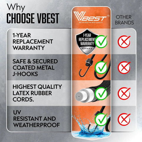 Comparison of Vbest bungee cords with other brands highlighting 1-year warranty, secure hooks, quality latex cords, and UV resistance.