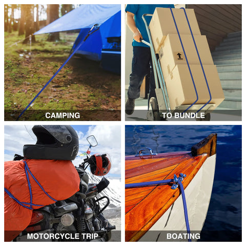 24 Inch Bungee Cords With Hooks 4 Pack used for camping, bundling packages, securing motorcycle gear, and boating with heavy duty straps
