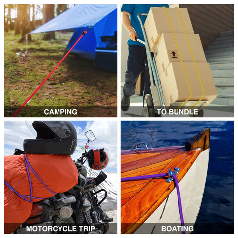 Heavy Duty Bungee Cords Set With Metal Hooks In Color Coded Lengths used for camping, bundling packages, securing motorcycle luggage, and boating