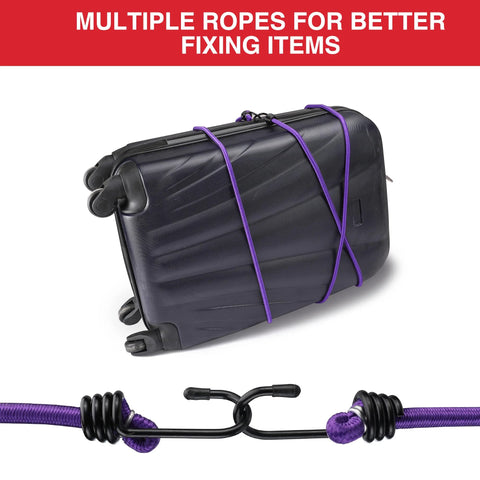 Heavy Duty Bungee Cords Set With Metal Hooks In Color Coded Lengths securing a black suitcase, showing elastic ties for luggage.