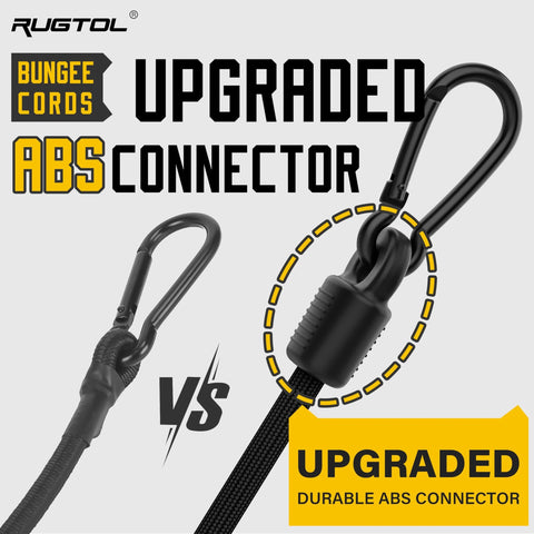 6 Pack Adjustable Bungee Cords With Hooks, Heavy Duty Carabiner Bungee Straps featuring upgraded ABS connector, close-up view