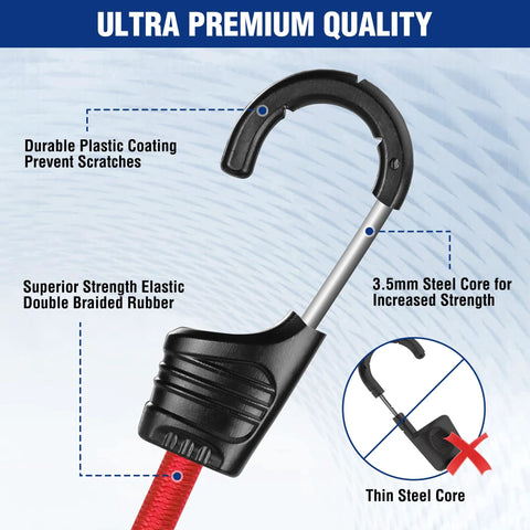 Close-up of 24 Inch Bungee Cords With Hooks Pack Of 4 Heavy Duty Rubber Core Elastic Straps showing hook design with steel core and plastic coating.