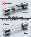 Comparison of burned and good glass fuses from Must-Have Glass Fuse Kit With Fast Blow Fuses In 6x30mm And 5x20mm Sizes, 250V.