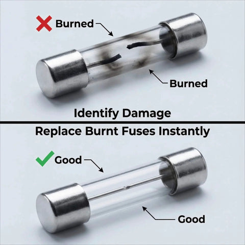 Comparison of burned and good glass fuses from Must-Have Glass Fuse Kit With Fast Blow Fuses In 6x30mm And 5x20mm Sizes, 250V.