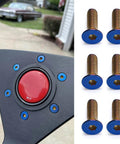 Close-up of steering wheel with red center and PQY 6pcs Steering Wheel Screw Bolts Taper M5×0.8 Length 15mm Burnt Titanium Finish