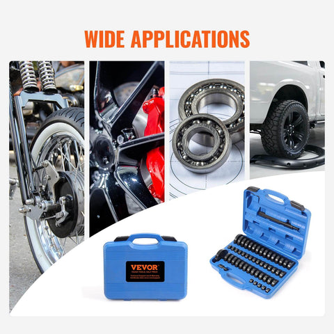 52 Piece Bushing Bearing And Seal Driver Kit Pro Grade For Transmission Bearings And Axle Seals Includes 18 To 65 Mm Disc Range Plus 74 Mm Large Disc Handle Extension Head Hex Wrench And All Essential Accessories in blue case shown with automotive applications