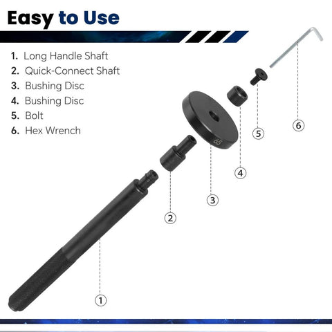 Exploded view of 52 In 1 Bushing Driver Set And Bearing Press Tool Kit with hex wrench and discs for transmission wheel axle bearings.