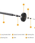 Exploded view of All in One 52 in 1 Bushing Driver Set with long handle shaft, quick-connect shaft, bushing disc, bolt, and hex wrench.