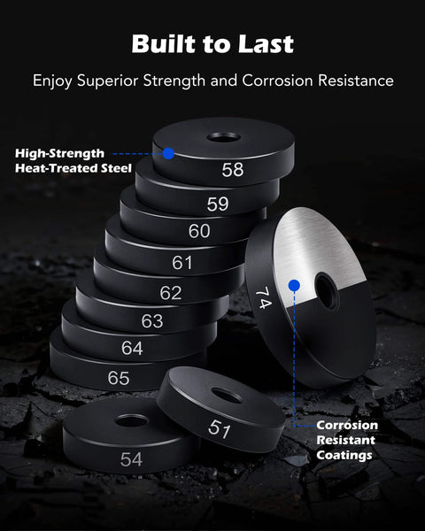 Round steel components from 52-in-1 Custom Bushing Driver Tool Set and Transmission Wheel Axle Bearing Race Seal Installer Remover.