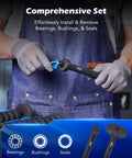 Mechanic using 52-in-1 Custom Bushing Driver Tool Set for bearing and seal installation and removal, tools and components in view.