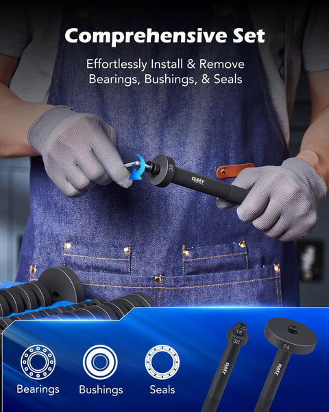 Mechanic using 52-in-1 Custom Bushing Driver Tool Set for bearing and seal installation and removal, tools and components in view.