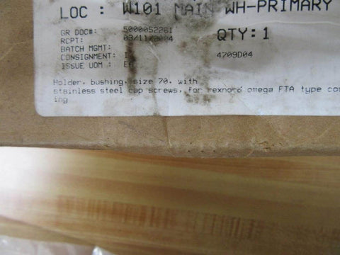 Label on packaging for Rexnord bushing holder, size 70, stainless steel cap screws, warehouse location W101, with QTY:1.