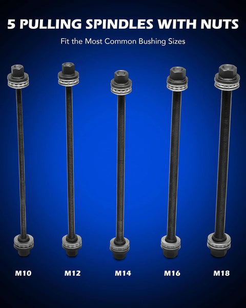 Five pulling spindles with nuts for Bushing Press Kit, 27pc Pull and Press Sleeve Kit for Most LCV HGV Engine Cars Vehicles.
