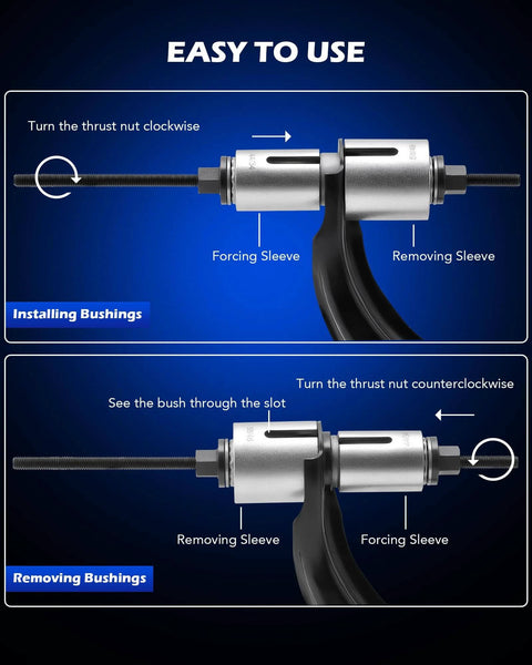 Diagram of Bushing Press Kit, 27pc Pull and Press Sleeve Kit showing installation and removal of bushings in engine vehicles.