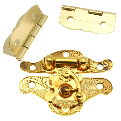 Antique Hasp Latch With Butterfly Shape Hinges Gold Finish Includes Matching Screws For Vintage Wooden Boxes