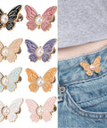 8 Piece Butterfly Jeans Button Waist Tighteners Set With Detachable Clips Adjustable Waist Buckles For Loose Jeans No Sew No Tools Decorative Butterfly Buttons Pins For Pants And Denim Upgrades shown on jeans