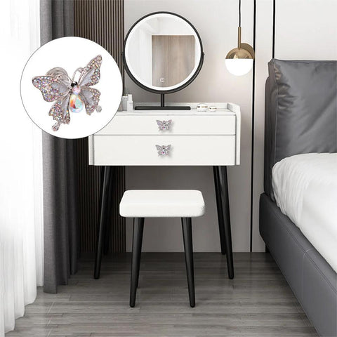Butterfly Rhinestone Cabinet Knob Set 4 Piece Zinc Alloy Silvery Single Hole Pull Handles on white dresser close-up.