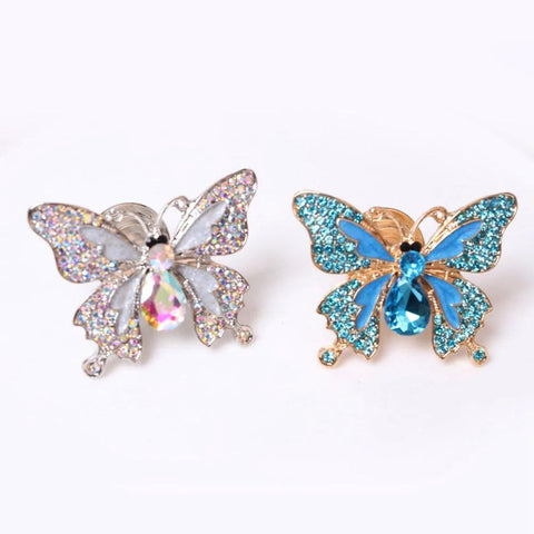 Butterfly Rhinestone Cabinet Knob Set 4 Piece Zinc Alloy Silvery Single Hole Pull Handles with crystal accents in blue and silver.