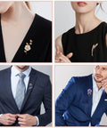 Men and women wearing suits decorated with various pins, showcasing style options for Silver Butterfly Clutch Tie Tacks Pins For Craft Making.