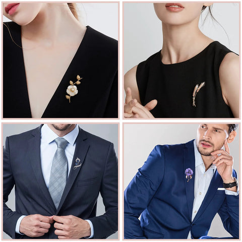 Men and women wearing suits decorated with various pins, showcasing style options for Silver Butterfly Clutch Tie Tacks Pins For Craft Making.