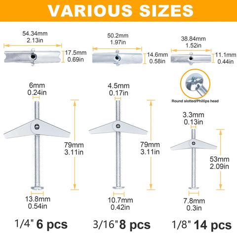 Diagram showing various sizes in Heavy Duty Butterfly Anchors Kit With Toggle Bolts And Screws, 28Pcs Metal Drywall Anchors Set For 1/8, 3/16, 1/4 Inch