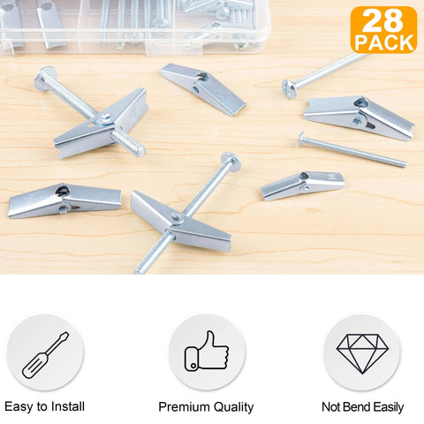 Heavy Duty Butterfly Anchors Kit With Toggle Bolts And Screws, 28Pcs Metal Drywall Anchors Set for 1/8, 3/16, 1/4 Inch spread out on table