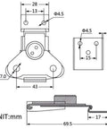 Technical drawing of small butterfly twist latch with keeper plate in zinc plated steel for compact storage solutions, dimensions in mm