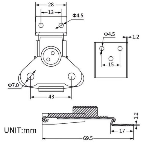 Technical drawing of small butterfly twist latch with keeper plate in zinc plated steel for compact storage solutions, dimensions in mm