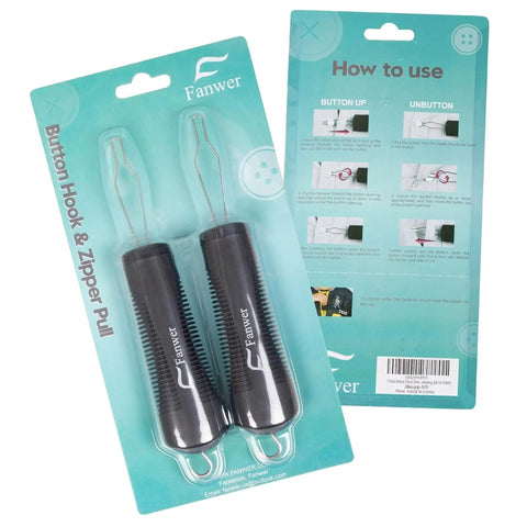 Packaging of Two Pack Button Hook And Zipper Pull Helper For One Handed Dressing Aid by Fanwer, showing tools and instructions