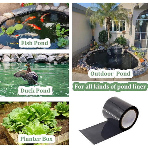 4 Inch Pond Liner Repair Tape Butyl Rubber Single Sided Waterproof Seal Kit For EPDM PVC HDPE Ponds shown near ponds