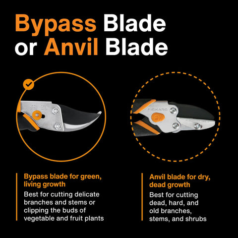 Illustration comparing a Bypass blade for delicate pruning with an Anvil blade for cutting dead branches on shears.