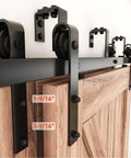 Double Track Bypass Sliding Barn Door Hardware Kit For Two Doors, low ceiling compatible, installed on wooden door with J shape hanger