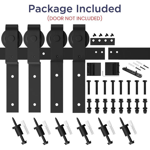 8 Feet Bypass Sliding Barn Door Hardware Kit for Double Wooden Doors with Single Track, full package contents displayed