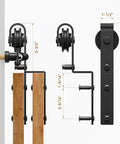 Side view of Six Feet Bypass Sliding Barn Door Hardware Kit For Double Doors Single Track With Bypass Floor Guide Heavy Duty Carbon Steel Black Powder Coat Finish Supports Up To 330 Lbs Door Thickness From One And Three Sixteenths Inches To One And Nine Sixteenths