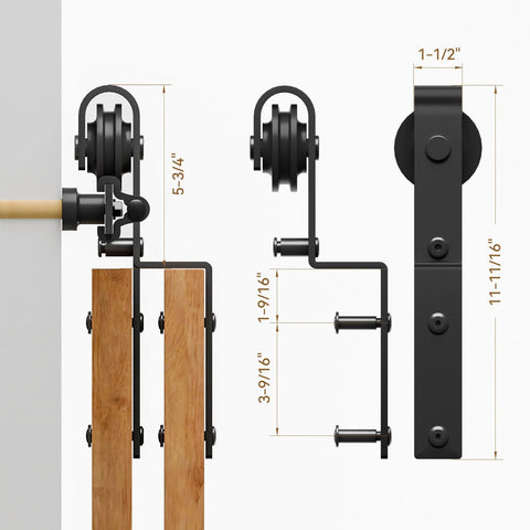 Side view of Six Feet Bypass Sliding Barn Door Hardware Kit For Double Doors Single Track With Bypass Floor Guide Heavy Duty Carbon Steel Black Powder Coat Finish Supports Up To 330 Lbs Door Thickness From One And Three Sixteenths Inches To One And Nine Sixteenths