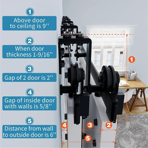 Installed Double Track Bypass Sliding Barn Door Hardware Kit For Two Doors Low Ceiling Friendly Easy Install I Shape Hanger 5Ft Rail