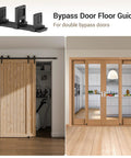 Sliding Closet Door Floor Guide for Bypass Doors with Adjustable Three-Roller System in Black, shown installed on wooden doors