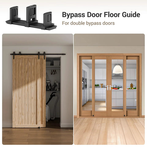 Sliding Closet Door Floor Guide for Bypass Doors with Adjustable Three-Roller System in Black, shown installed on wooden doors